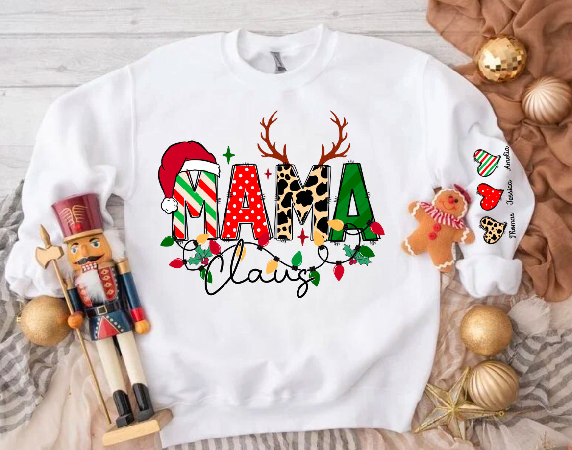 Custom Christmas Mama Sweatshirt with children’s name on sleeve Hippo Boutique