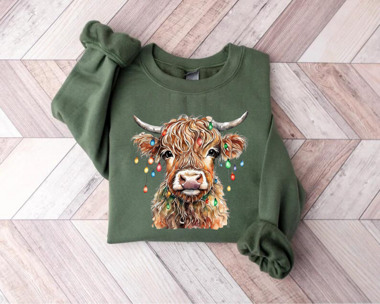 Highland Cow Lights Christmas Sweatshirts Hippo Boutique