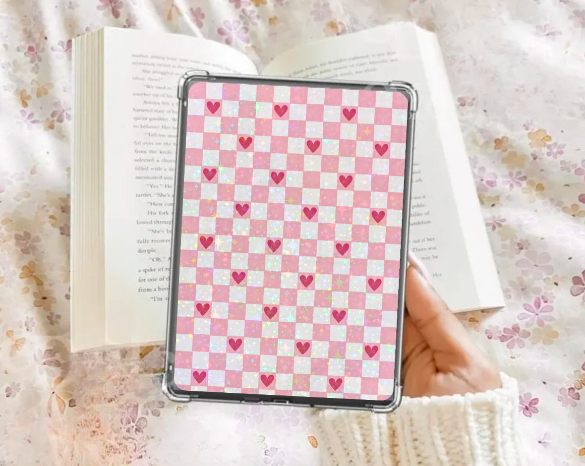 Pink checkered Kindle insert with heart accents, handmade organic design, cozy and comfortable feel. - Kindle Insert - Pink Checkered Hearts