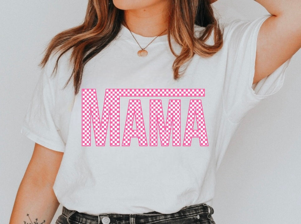 Pink Checkered Mama T-Shirts Hippo Boutique