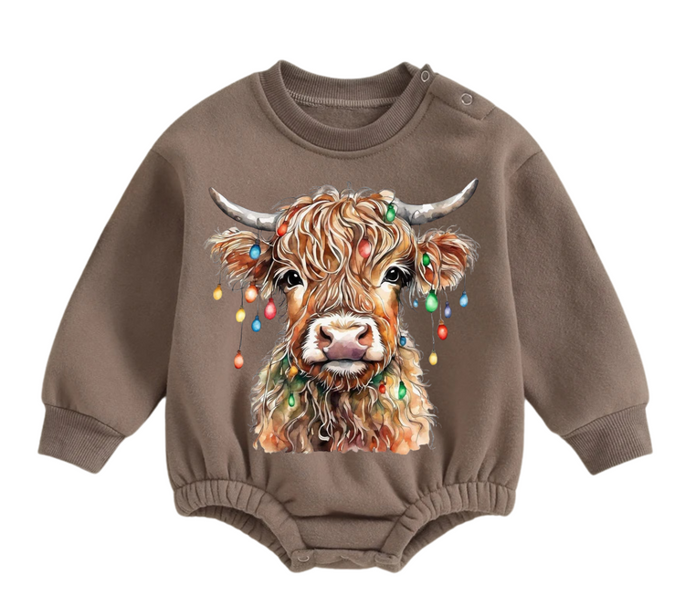 Christmas Highland Cow fleece Baby Oversized christmas Sweatshirt Romper Hippo Boutique