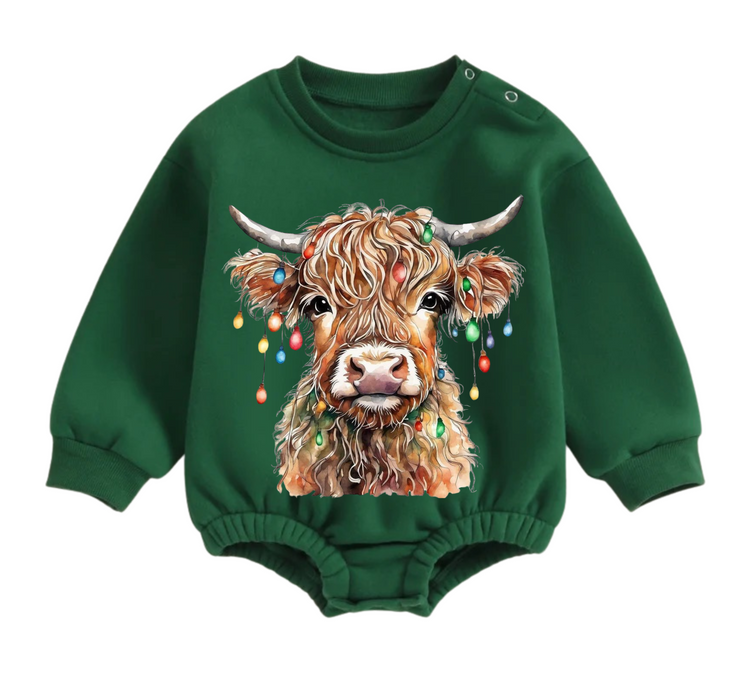 Christmas Highland Cow fleece Baby Oversized christmas Sweatshirt Romper Hippo Boutique