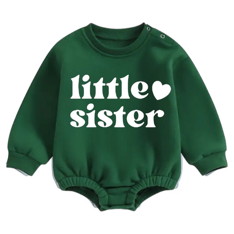 Green oversized baby romper with "little sister" text, handmade organic Canadian baby clothes. - Little Sister Soft warm fleece Baby Oversized Sweatshirt Romper