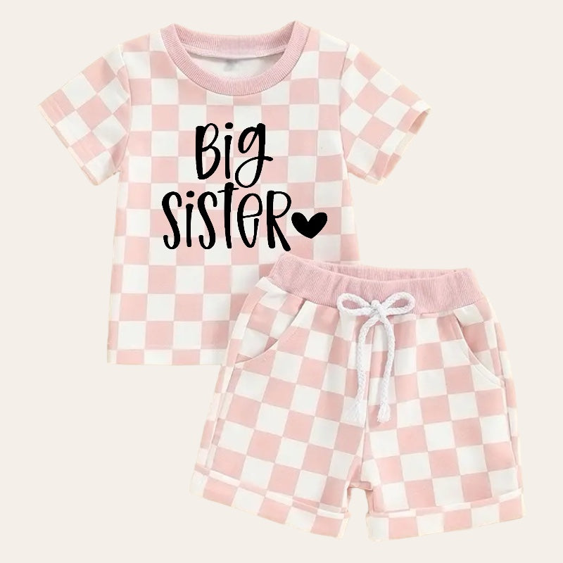 Big Sister Baby and Toddler Checkered t-shirt & shorts outfit Hippo Boutique