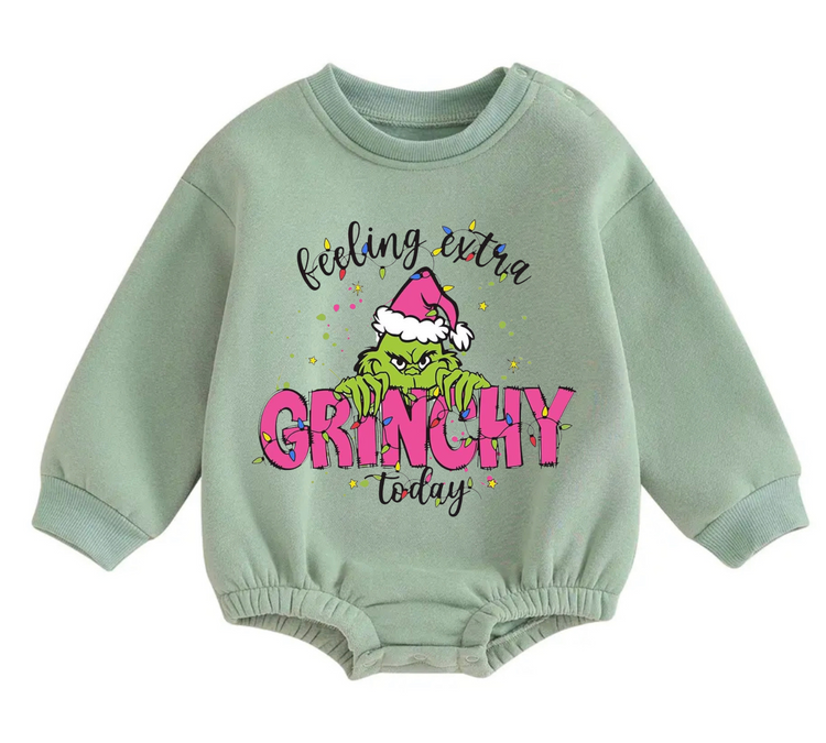 Feeling Grinchy fleece Baby Oversized christmas Sweatshirt Romper Hippo Boutique