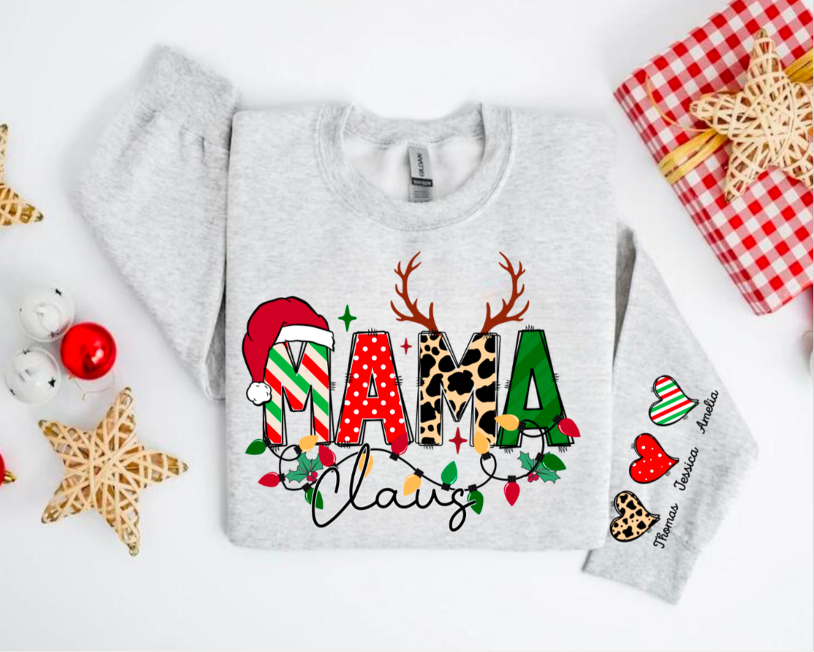 Custom Christmas Mama Sweatshirt with children’s name on sleeve Hippo Boutique