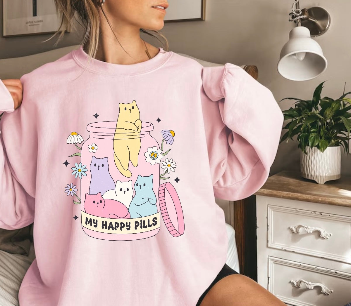 Kitty Cat Happy Pills Sweatshirts Hippo Boutique