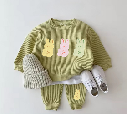 Baby Waffle Knit Jogger Outfit - Bunnies