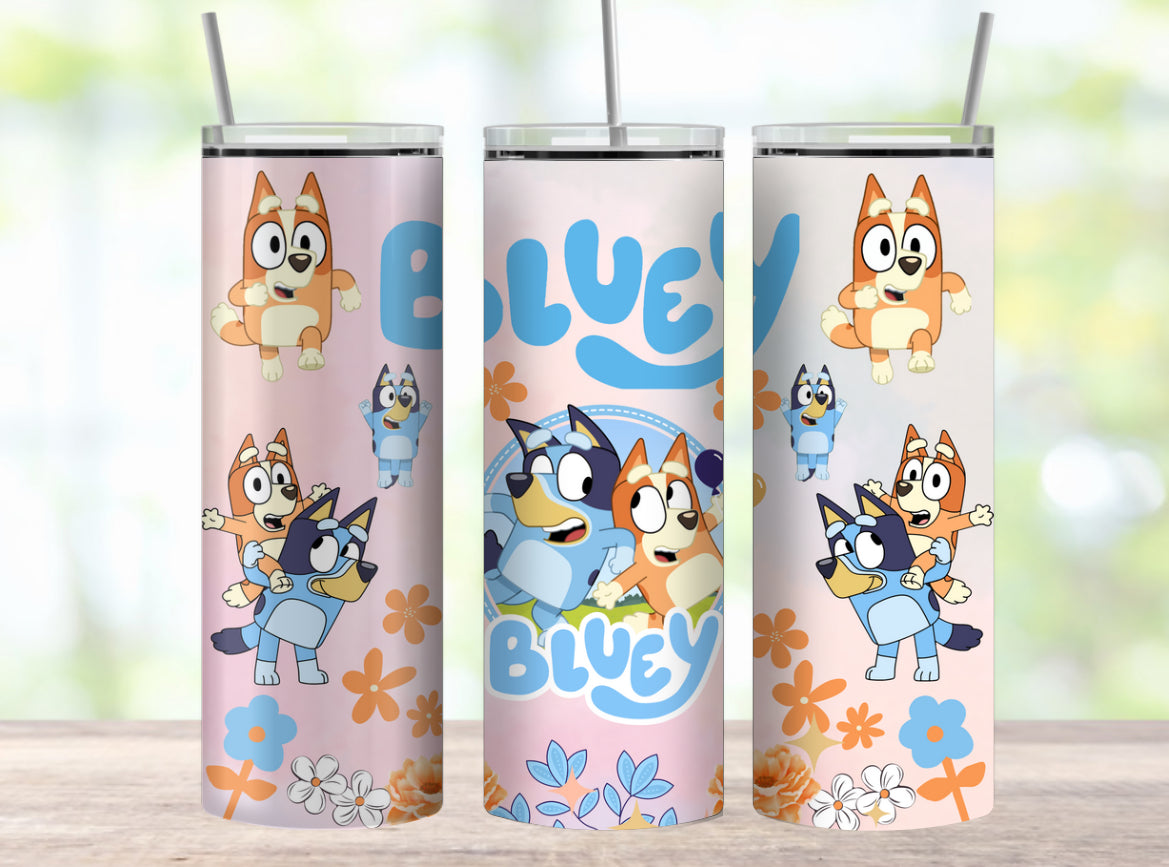 20oz steel skinny Tumbler coffee cup - Floral Blue Dog Hippo Boutique