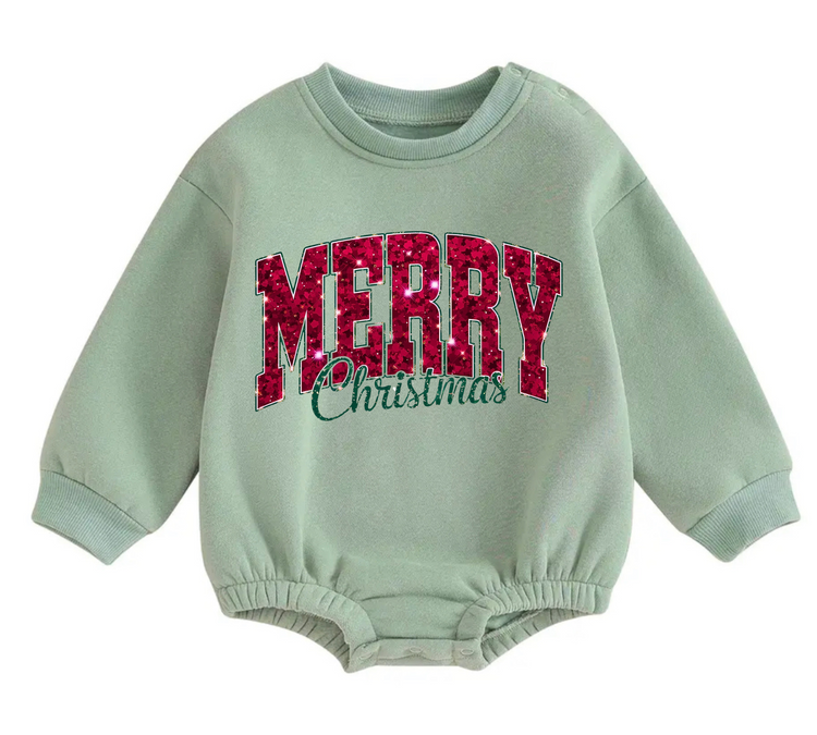 Merry Christmas fleece Baby Oversized christmas Sweatshirt Romper Hippo Boutique