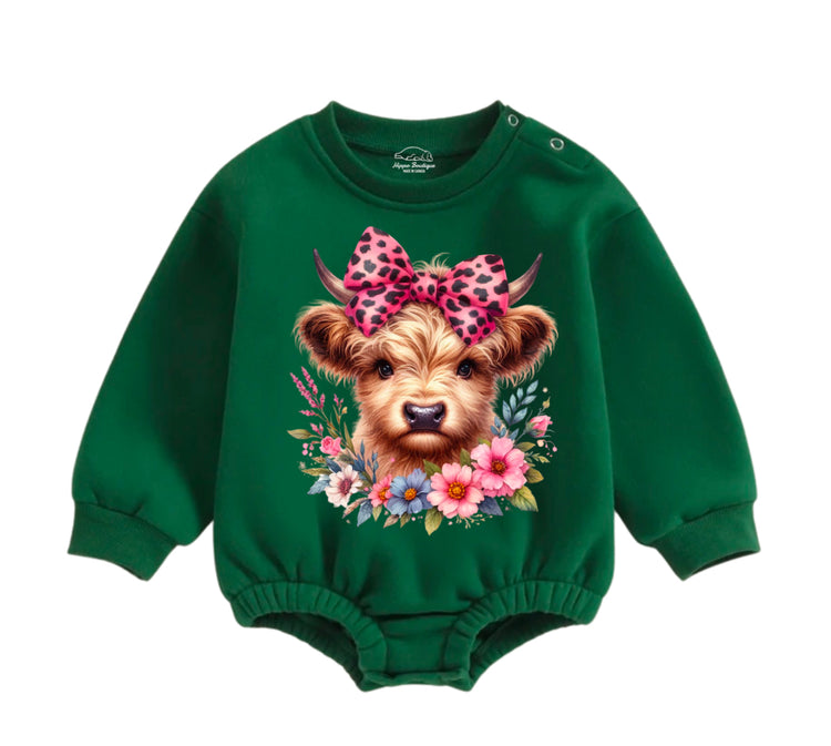 Soft warm fleece Leopard Highland Cow Oversized Sweatshirt Romper Hippo Boutique