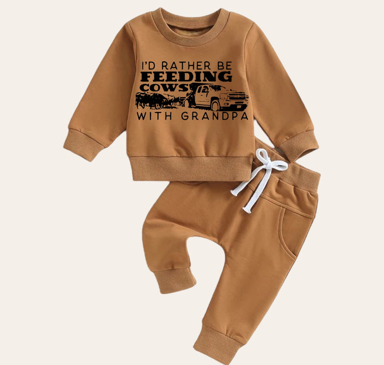 Feeding cows with grandpa Baby Outfit set sweatshirt and pants Hippo Boutique