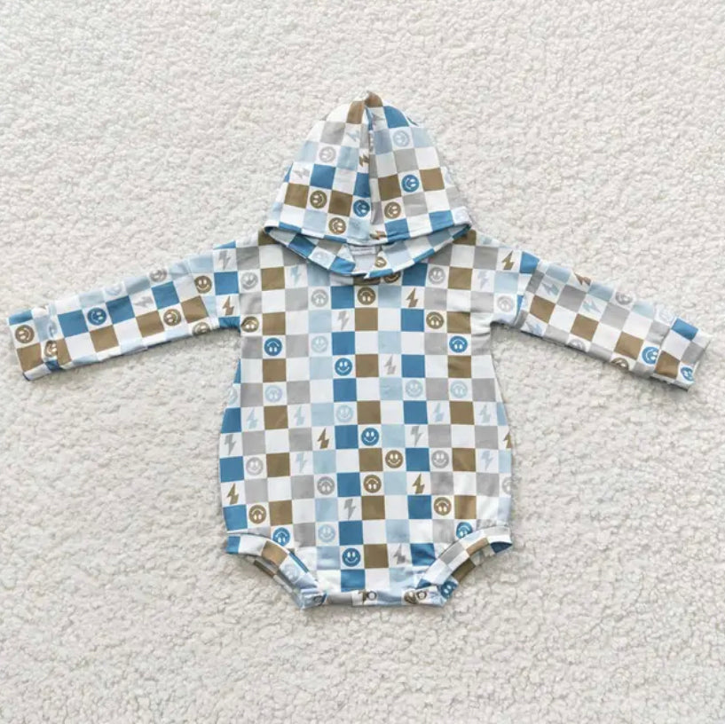 Blue Checkered Hooded Bubble Romper Hippo Boutique