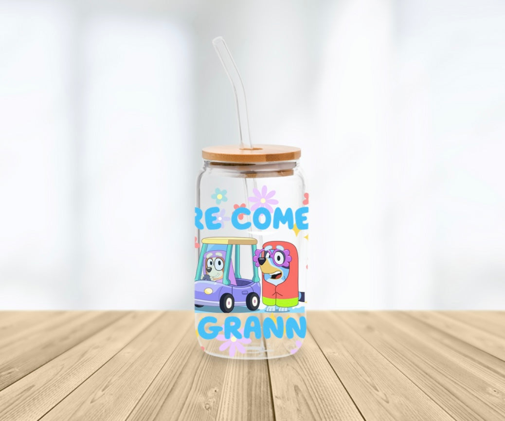 Here come the grannies Floral blue dog Libbey Glass Hippo Boutique