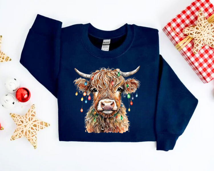 Highland Cow Lights Christmas Sweatshirts Hippo Boutique