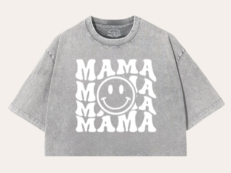 Retro Mama Smile Acid Washed 100% Cotton Oversized Cropped T-Shirts Hippo Boutique