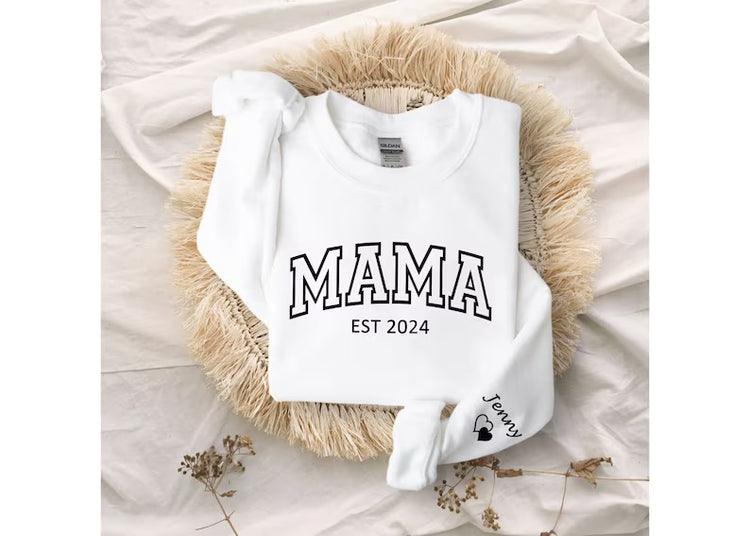 Custom Varsity Mama Sweatshirt with children’s name on sleeve Hippo Boutique