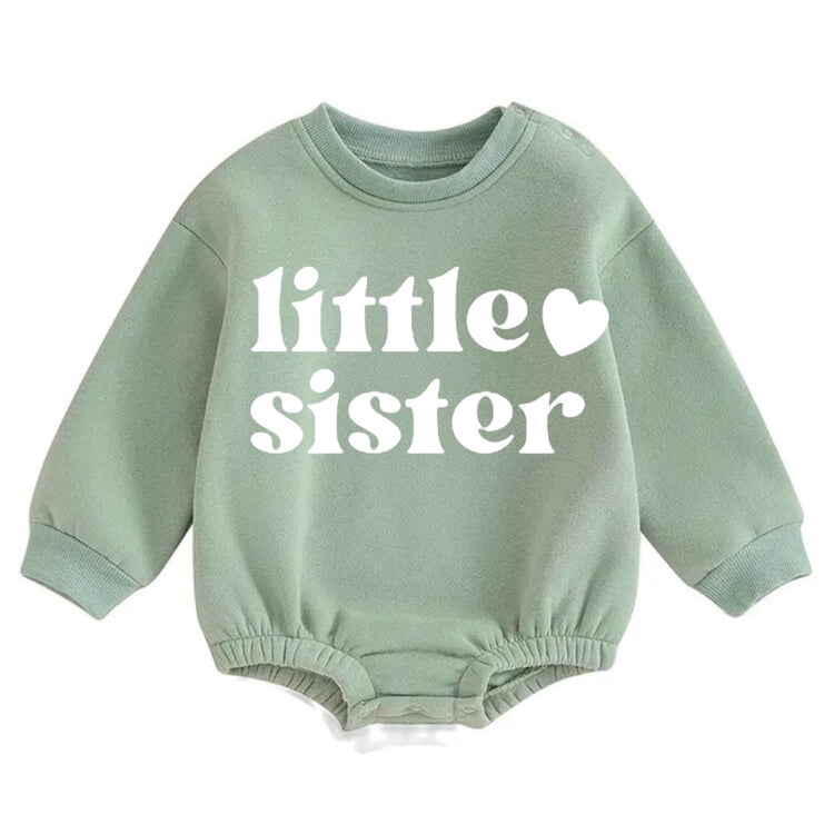 Handmade organic Canadian baby clothes soft green sweatshirt romper with "little sister" text. - Little Sister Soft warm fleece Baby Oversized Sweatshirt Romper