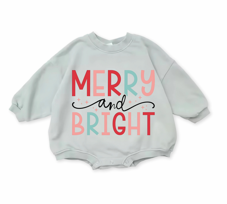 Merry & Bright Christmas baby Oversized Sweatshirt Romper Hippo Boutique