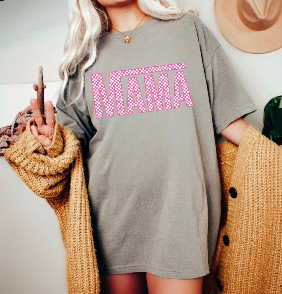 Pink Checkered Mama T-Shirts Hippo Boutique