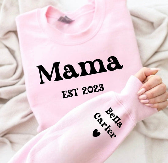 Custom Mama Sweatshirt with children’s name on sleeve Hippo Boutique