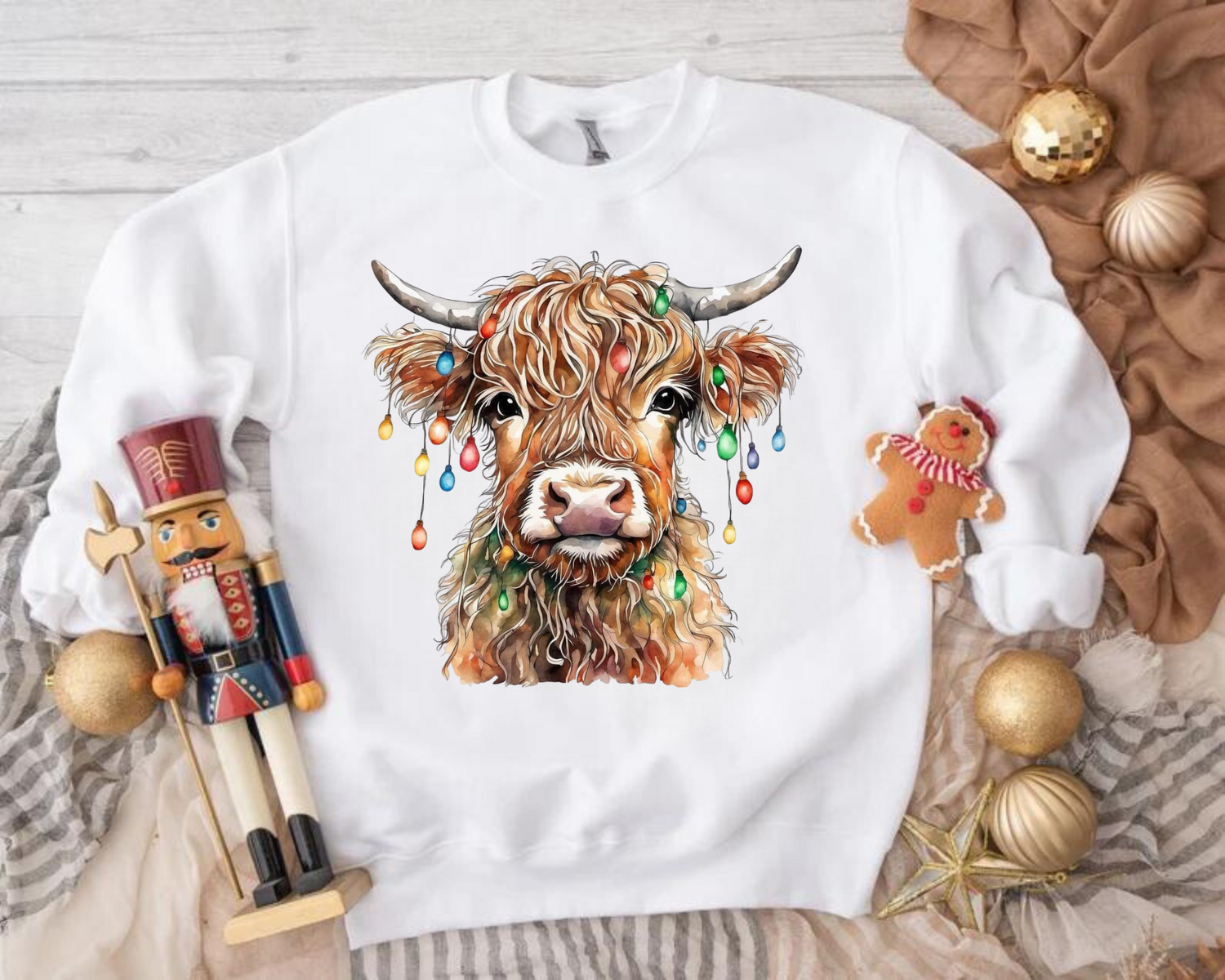 Highland Cow Lights Christmas Sweatshirts Hippo Boutique