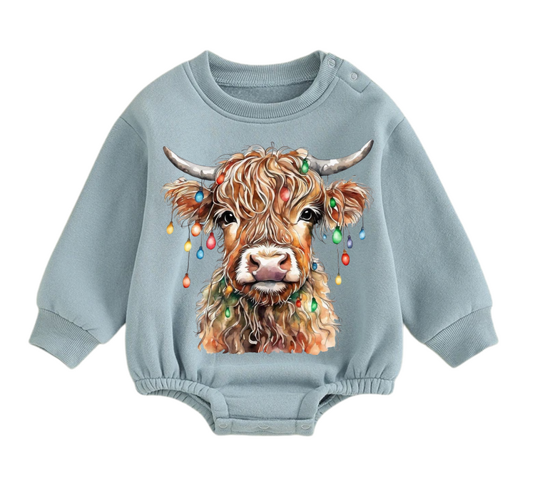 Christmas Highland Cow fleece Baby Oversized christmas Sweatshirt Romper Hippo Boutique