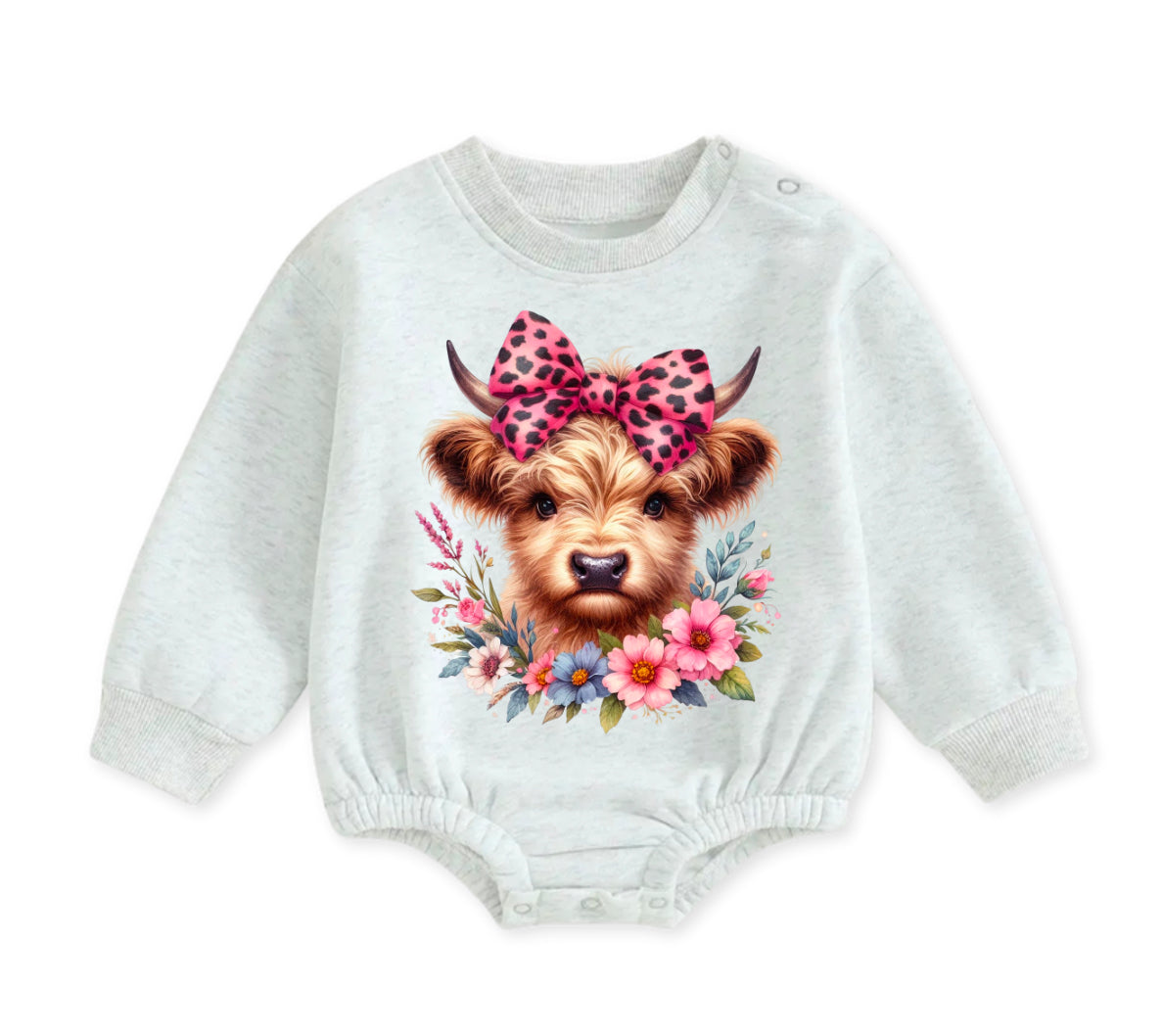 Soft warm fleece Leopard Highland Cow Oversized Sweatshirt Romper Hippo Boutique