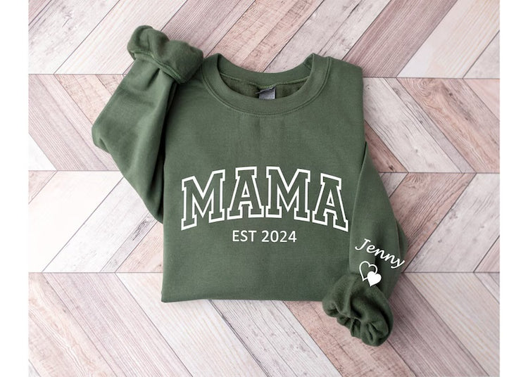 Custom Varsity Mama Sweatshirt with children’s name on sleeve Hippo Boutique