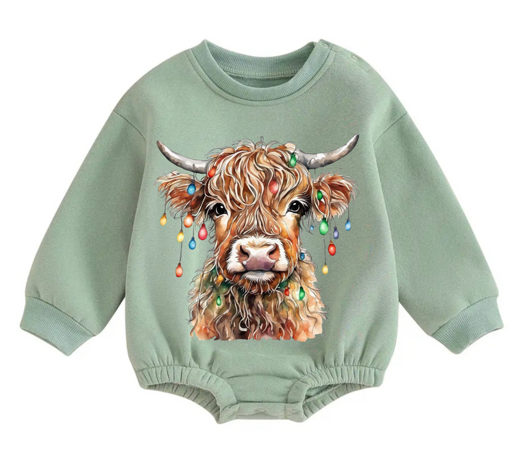 Christmas Highland Cow fleece Baby Oversized christmas Sweatshirt Romper Hippo Boutique