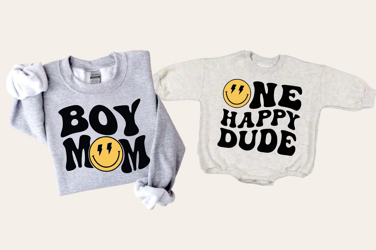 Smile Boy Mom One happy dude Mama & Mini matching Baby Sweatshirt Romper bodysuit & Crewneck Hippo Boutique