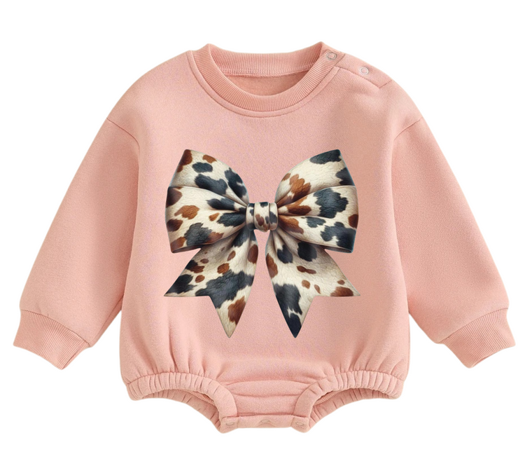 Cow Christmas Bow fleece Baby Oversized christmas Sweatshirt Romper Hippo Boutique