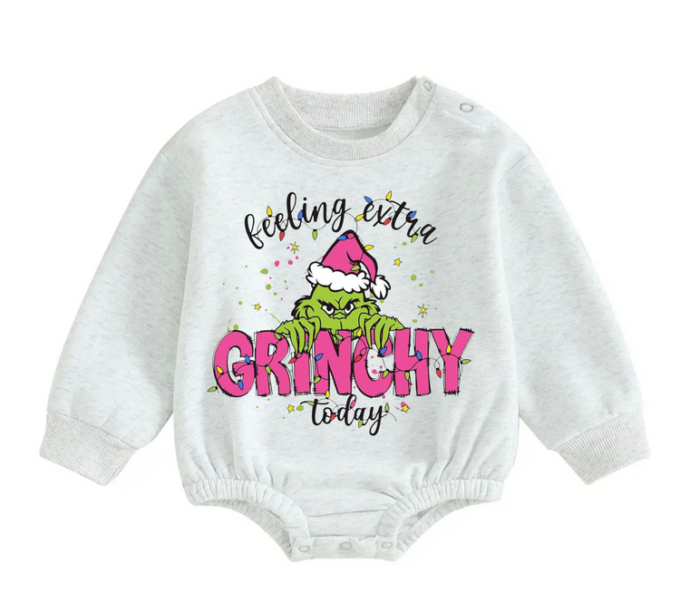 Feeling Grinchy fleece Baby Oversized christmas Sweatshirt Romper Hippo Boutique
