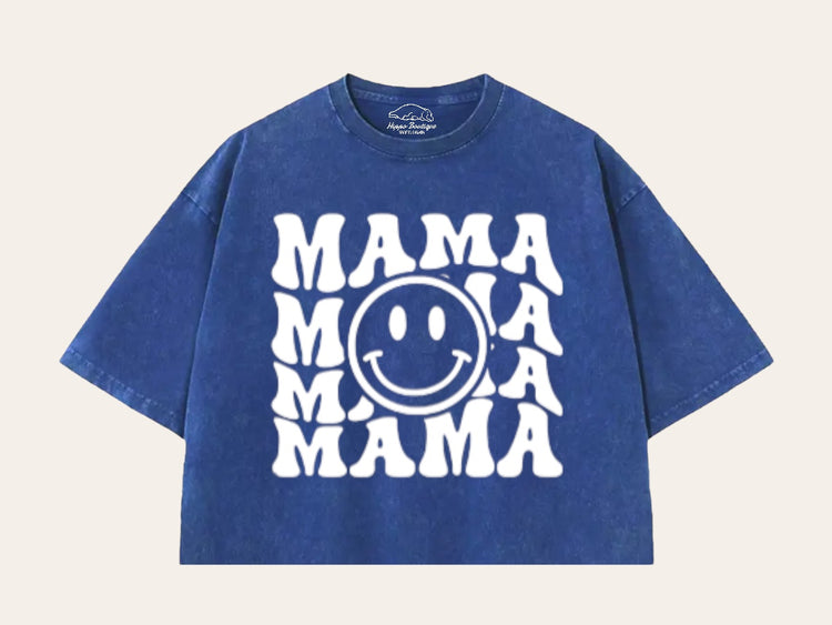 Retro Mama Smile Acid Washed 100% Cotton Oversized Cropped T-Shirts Hippo Boutique