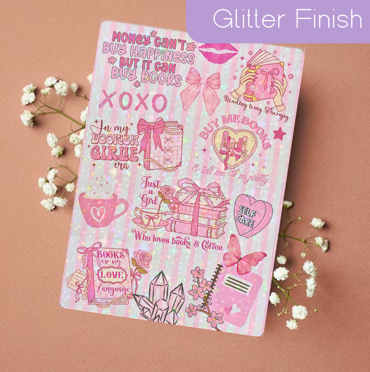 Pink Kindle insert with glitter finish, romantic doodles, handmade organic cozy design. - Kindle Insert - Pink Romance