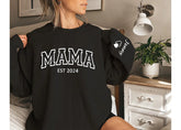 Custom Varsity Mama Sweatshirt with children’s name on sleeve Hippo Boutique