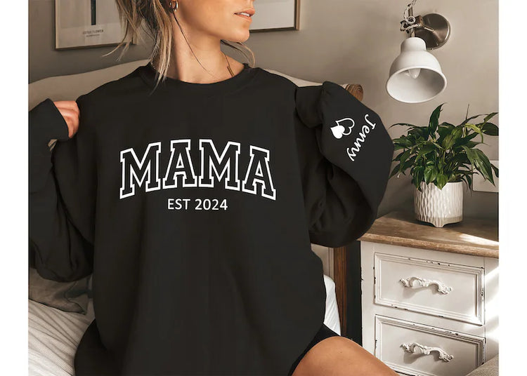 Custom Varsity Mama Sweatshirt with children’s name on sleeve Hippo Boutique