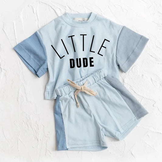 Little Dude Baby and Kids cotton color block t-shirt & shorts outfit Hippo Boutique