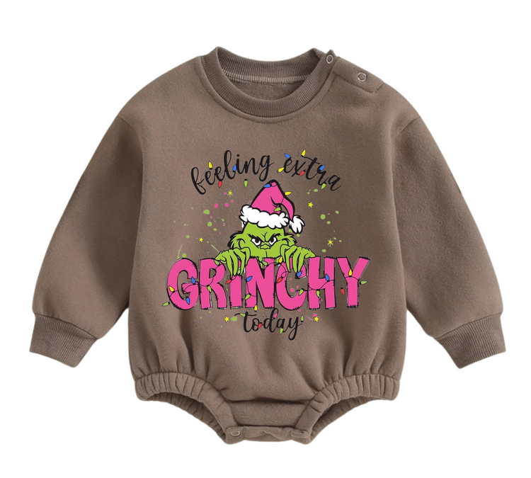 Feeling Grinchy fleece Baby Oversized christmas Sweatshirt Romper Hippo Boutique
