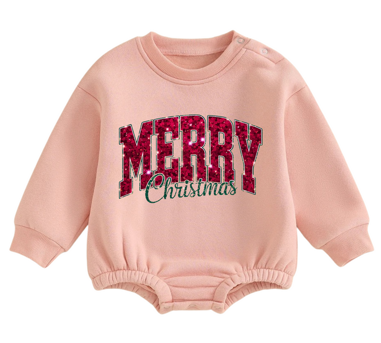 Merry Christmas fleece Baby Oversized christmas Sweatshirt Romper Hippo Boutique