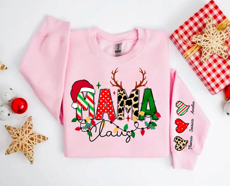 Custom Christmas Mama Sweatshirt with children’s name on sleeve Hippo Boutique