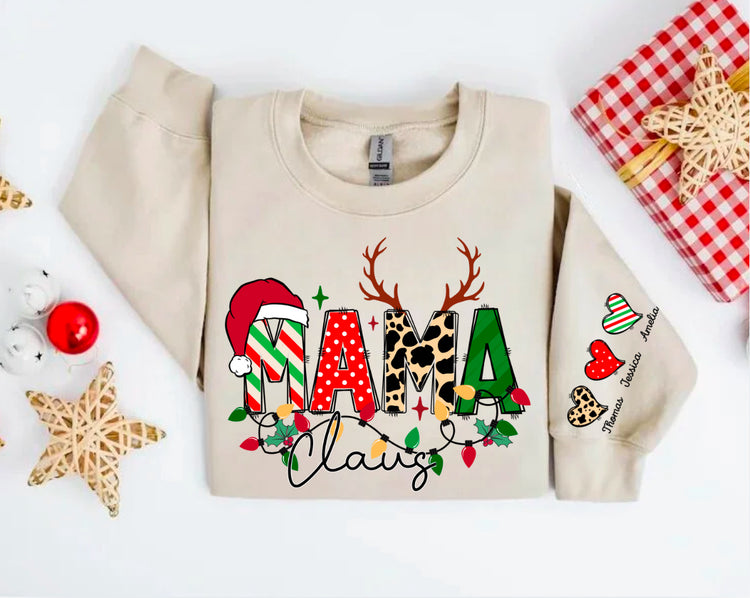 Custom Christmas Mama Sweatshirt with children’s name on sleeve Hippo Boutique