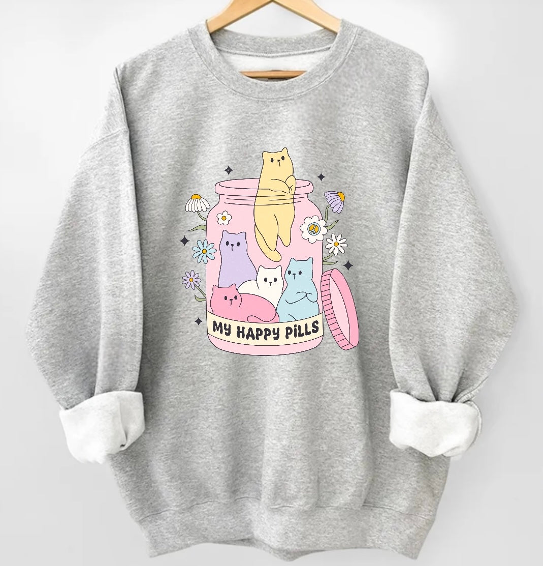 Kitty Cat Happy Pills Sweatshirts Hippo Boutique