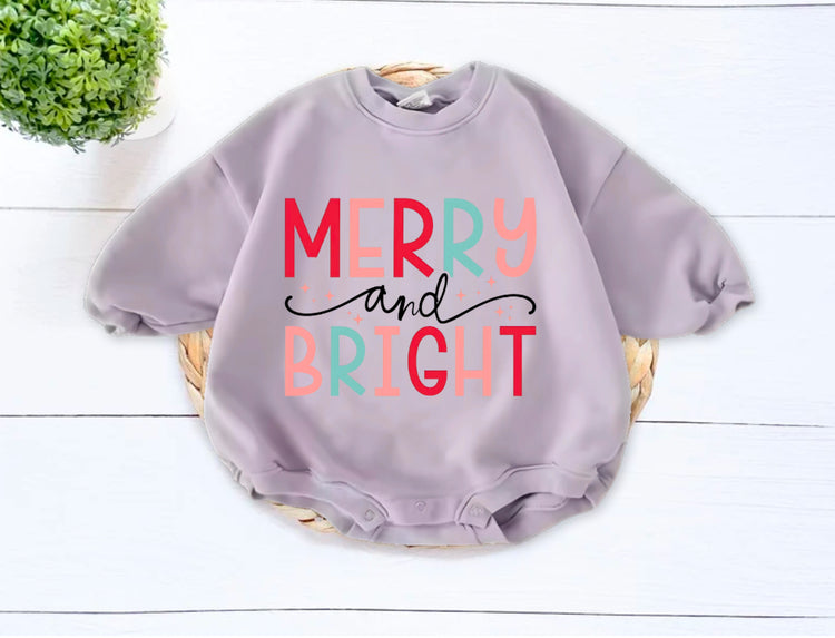 Merry and Bright Christmas baby Oversized Sweatshirt Romper Hippo Boutique