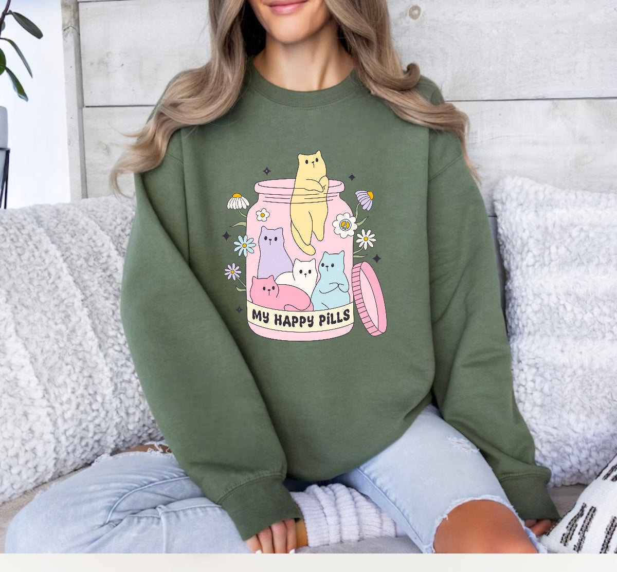 Kitty Cat Happy Pills Sweatshirts Hippo Boutique