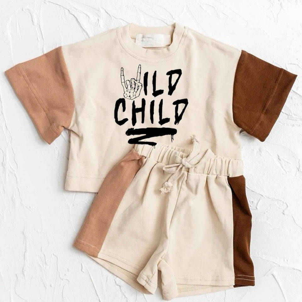 Wild Child Baby and Kids cotton color block t-shirt & shorts outfit Hippo Boutique