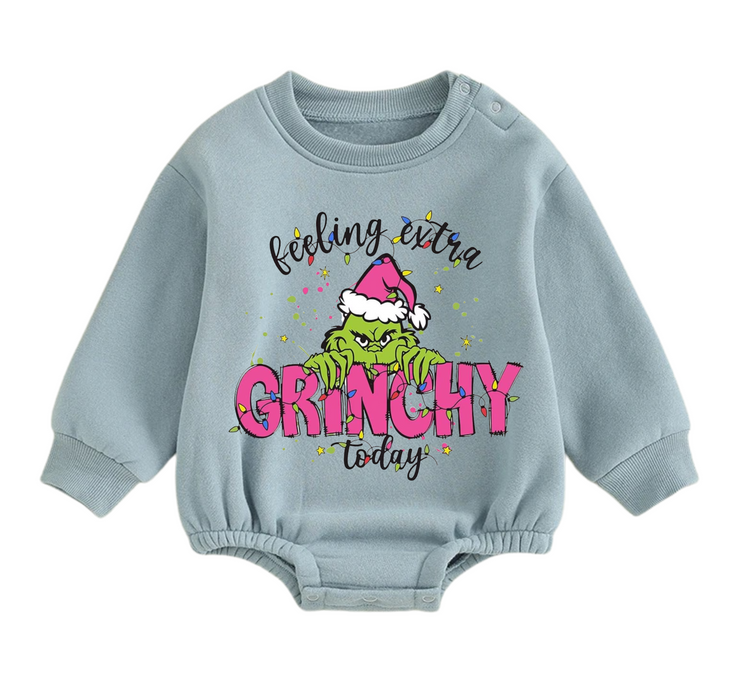 Feeling Grinchy fleece Baby Oversized christmas Sweatshirt Romper Hippo Boutique