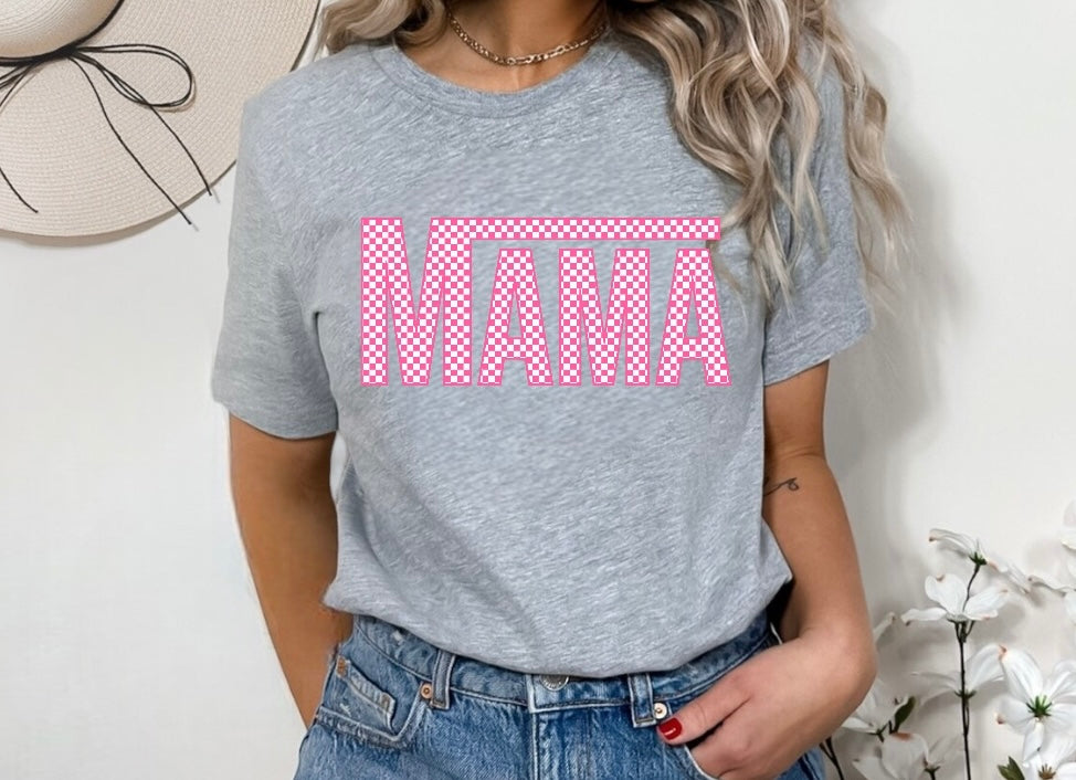 Pink Checkered Mama T-Shirts Hippo Boutique