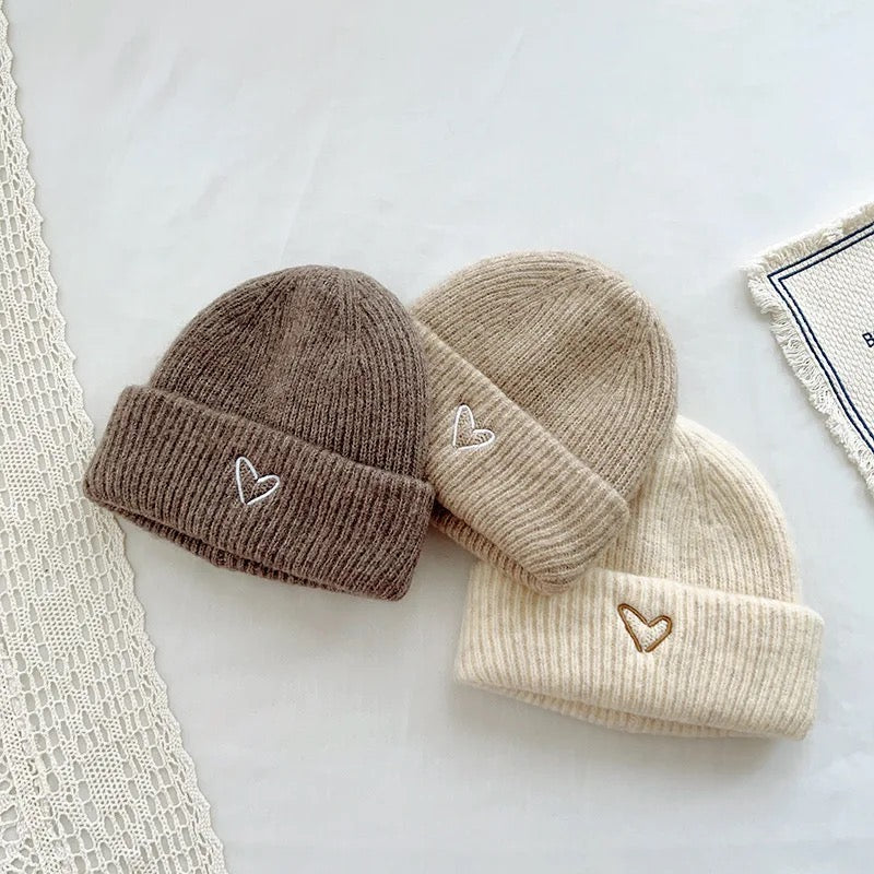 Baby and kids winter hats, beanie, tuque with embroidered heart