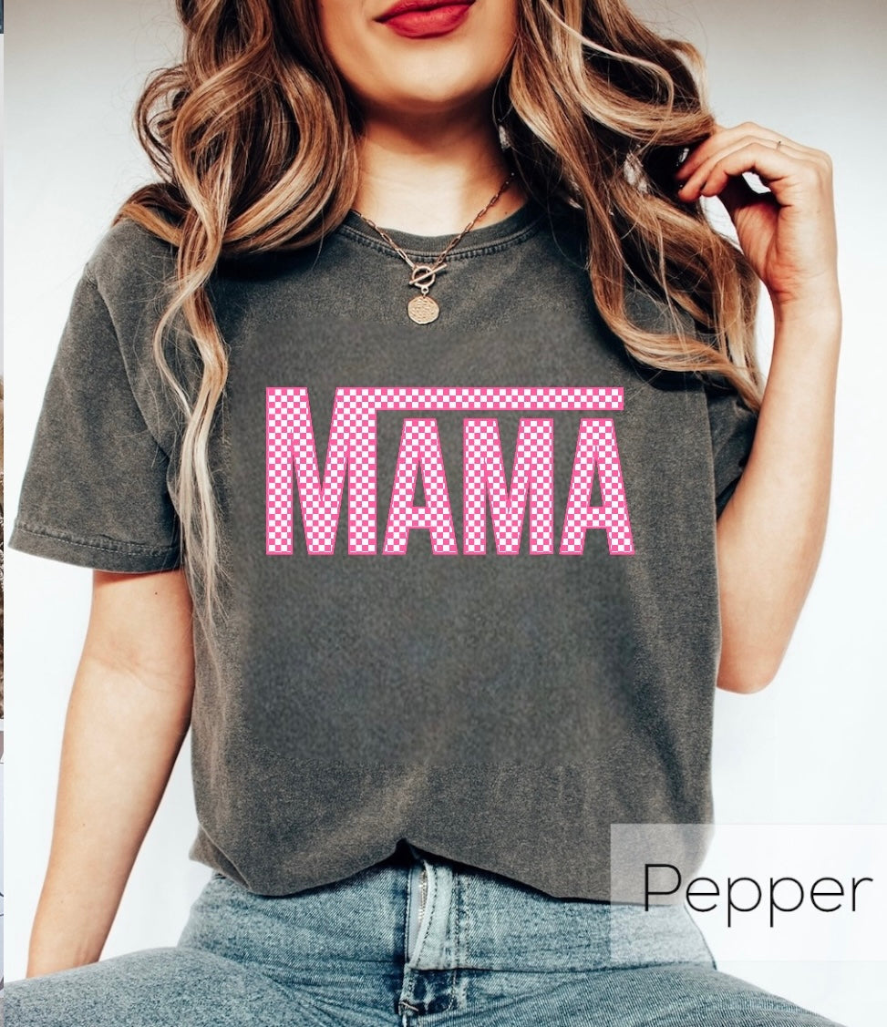 Pink Checkered Mama T-Shirts Hippo Boutique